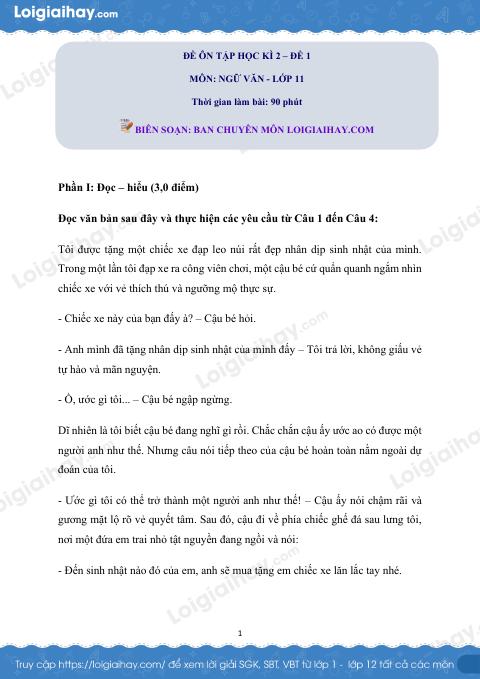 Đề số 1- Đề kiểm tra học kì 2 - Ngữ văn 11